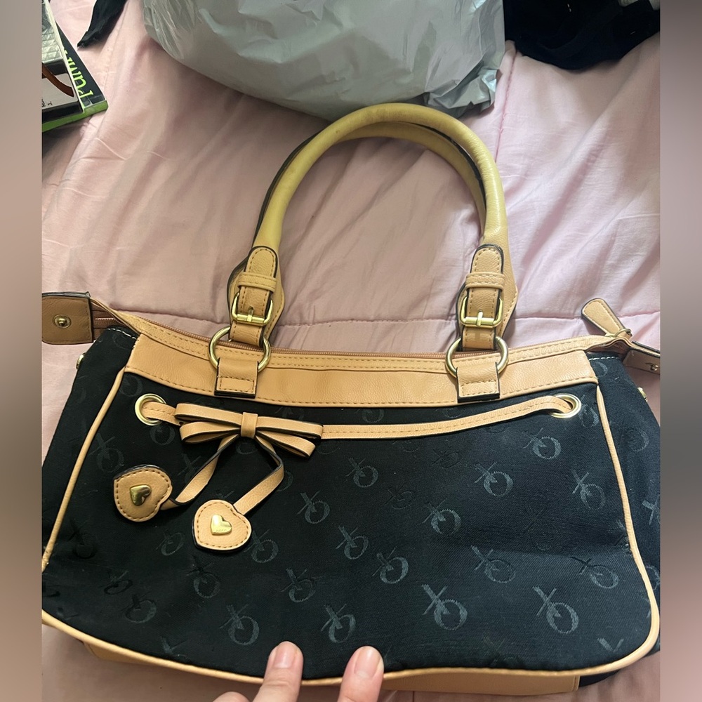 Vintage Women's Black Canvas Tote with Tan Trim and Bow Accent